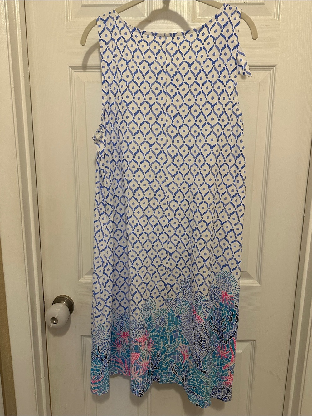 Lilly Pulitzer vacation dress with Blue, Aqua & Pink Border white background - Picture 3 of 6
